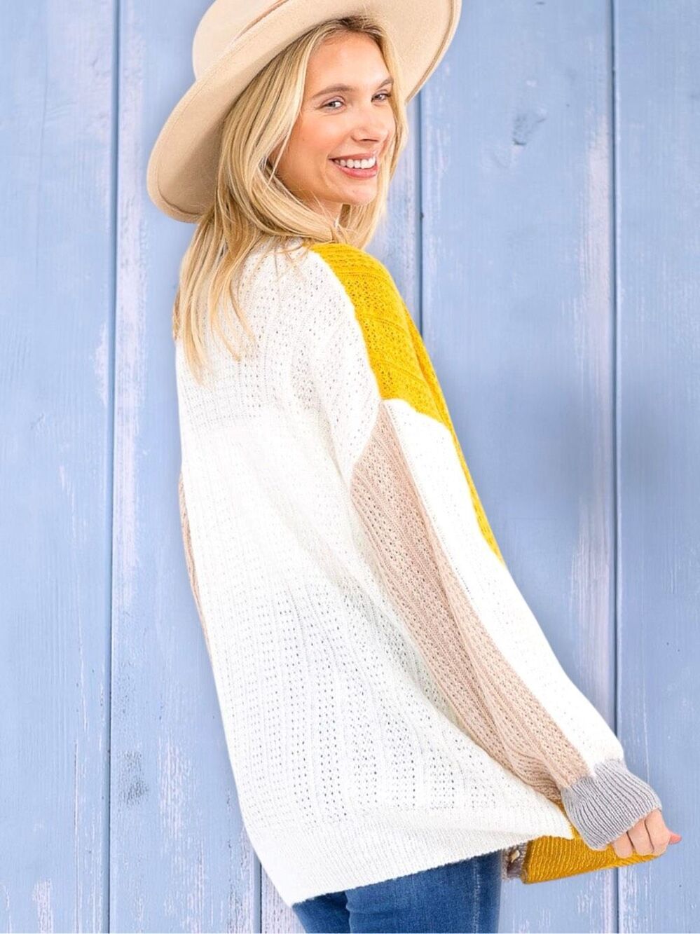 BiBi Mustard Color Block Button Cardigan Sweater | Oversized Cozy Knit | Pockets - Picture 7 of 14